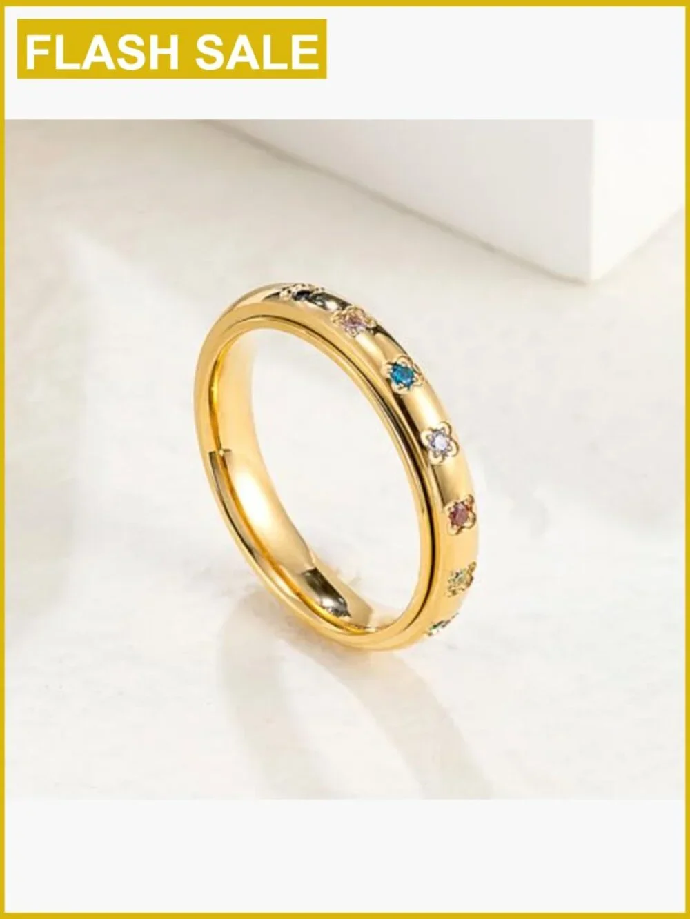 Stainless Steel Spinner Ring CZ Flower Fidget Stress Relief Jewelry